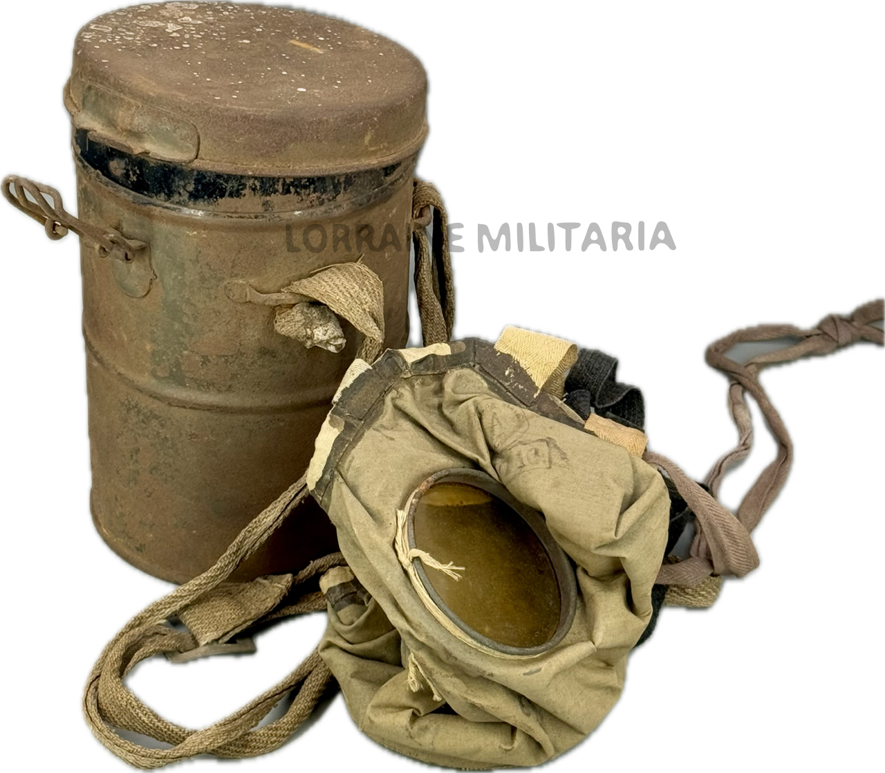 militaria : MASQUE A GAZ TOILE ALLEMAND GUMMIMASK  AVEC SA BOITE DE TRANSPORT
