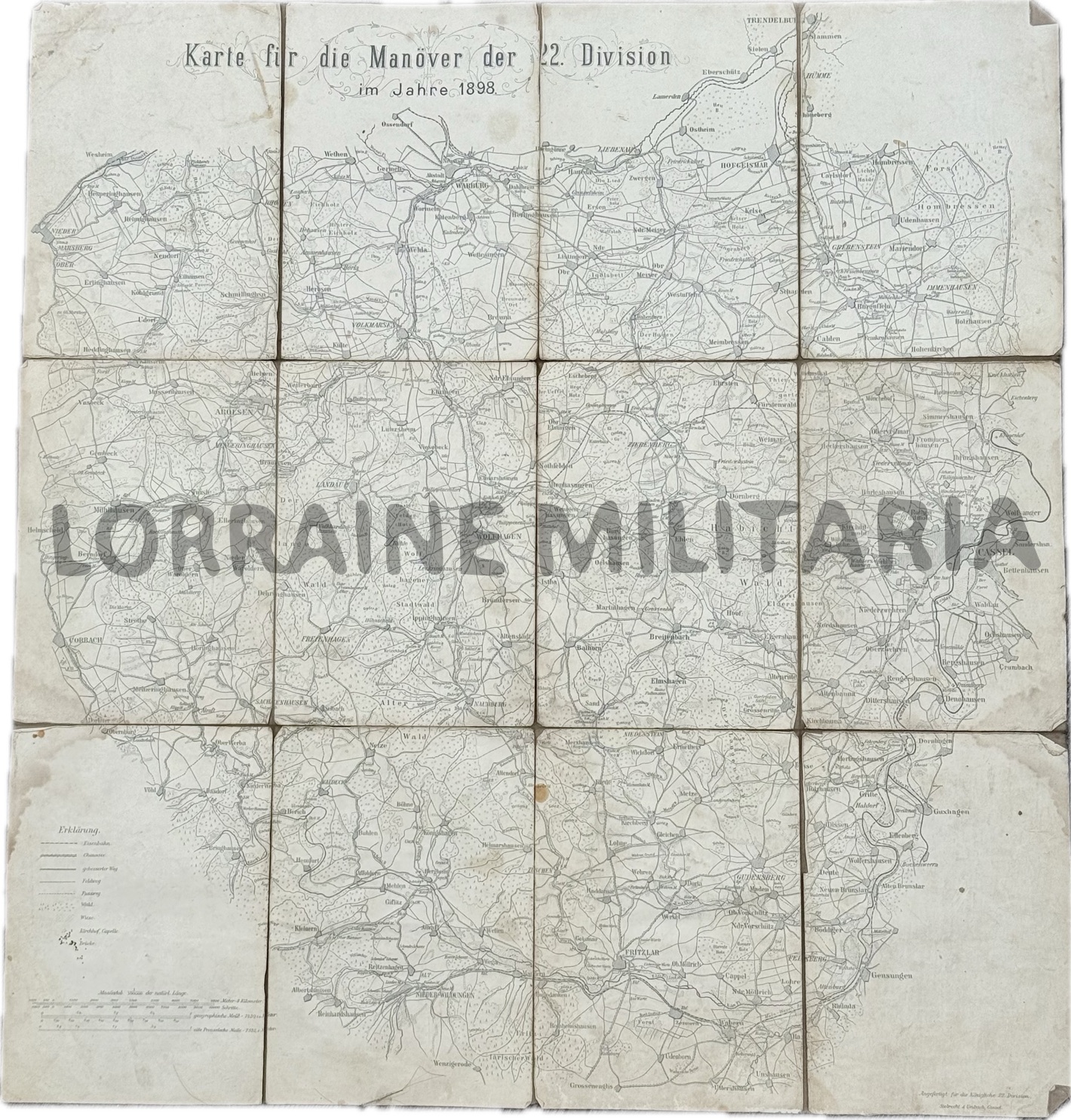 militaria : CARTE ALLEMANDE ENTOILEE MANOEUVRE 22ÈME DIVISION D'INFANTERIE